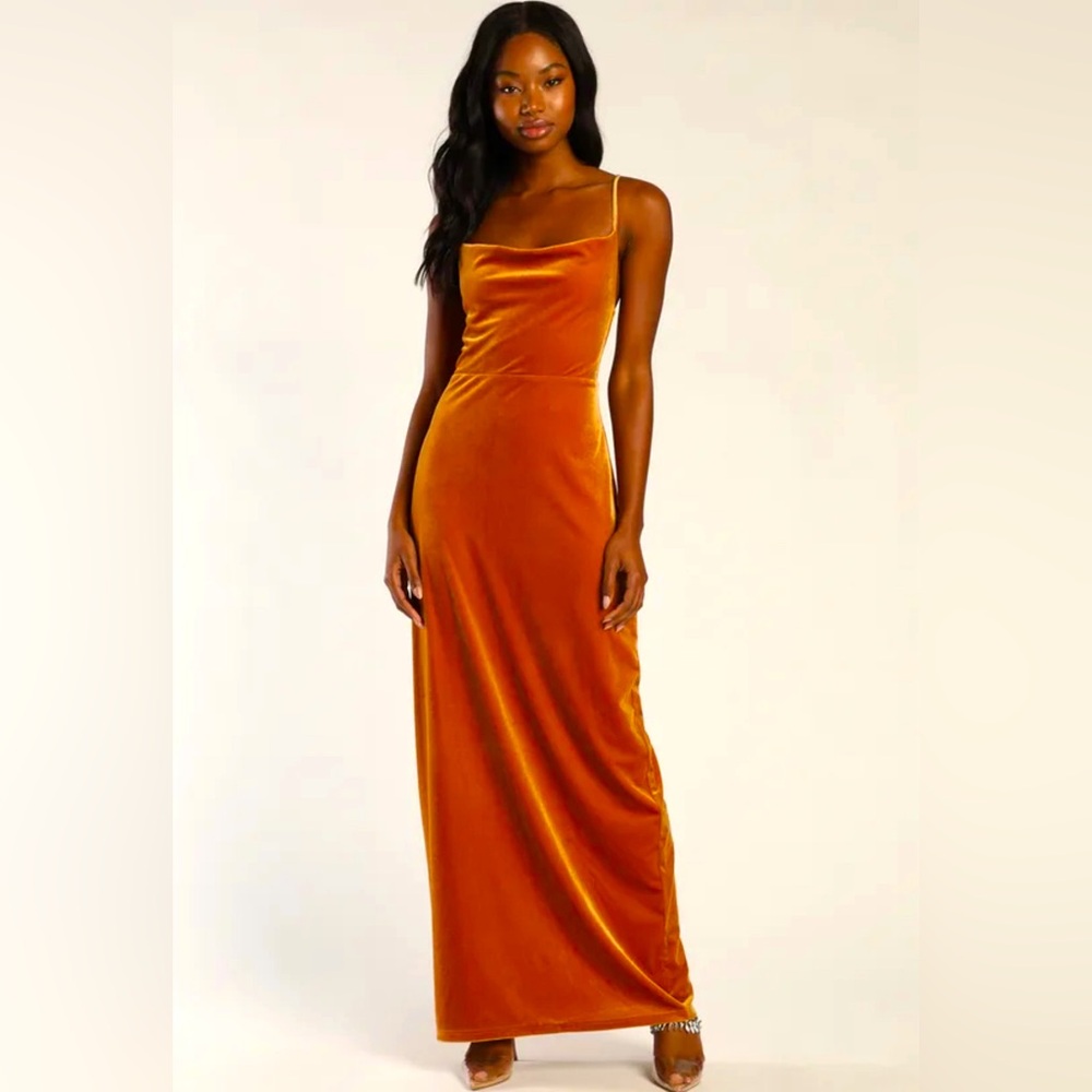 Impressive Marigold Yellow Velvet Cowl Neck Maxi Gown